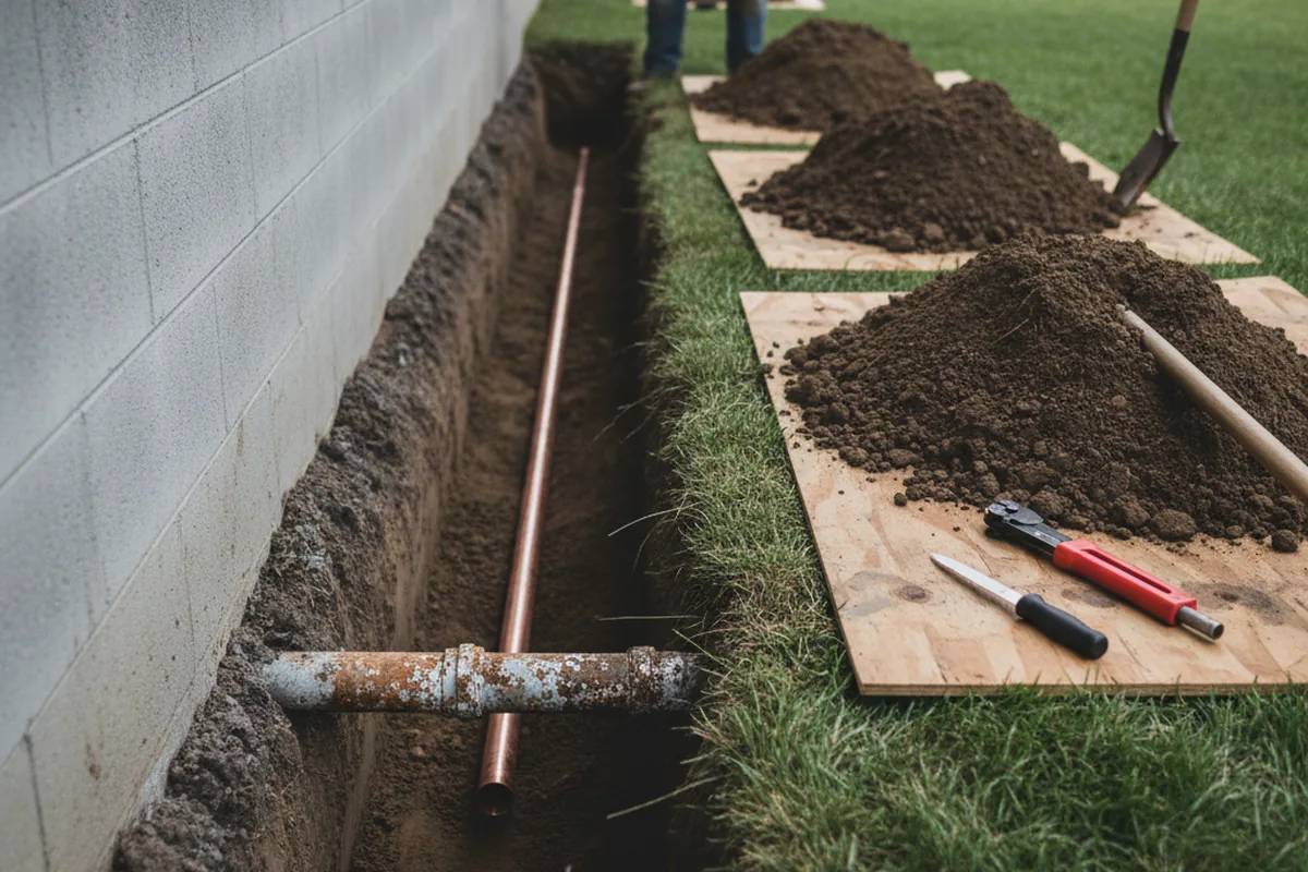 Excavated water line trench during Sewer Line Repair in Dalmatia